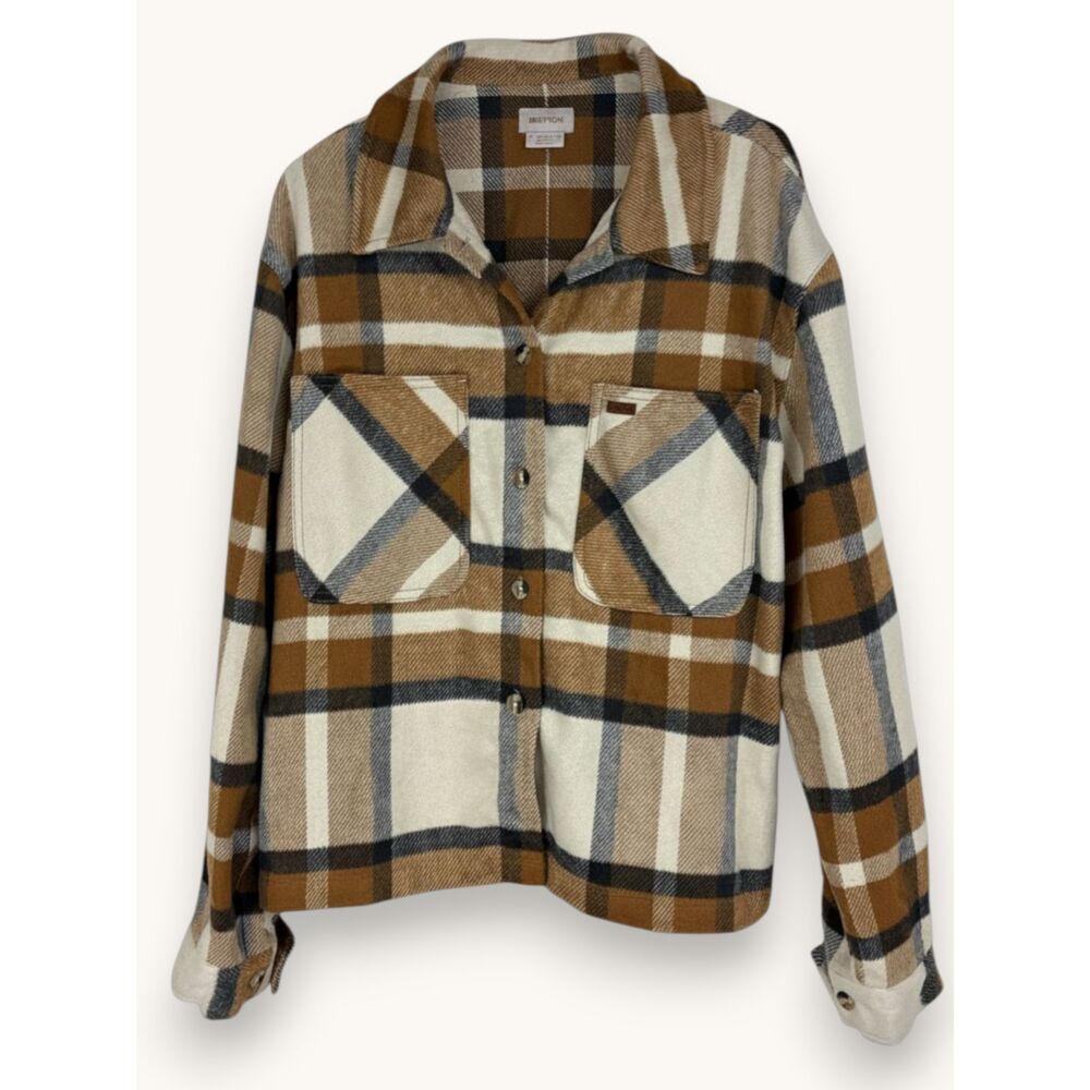 Brixton Women's XL Plaid Overshirt Jacket Brown Cream Blue Gray